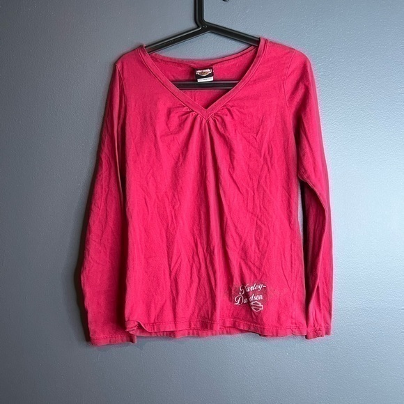 Harley-Davidson Tops - Harley Davidson Pink Long Sleeve V-Neck Graphic Tee Dover OH Size XL Made in USA